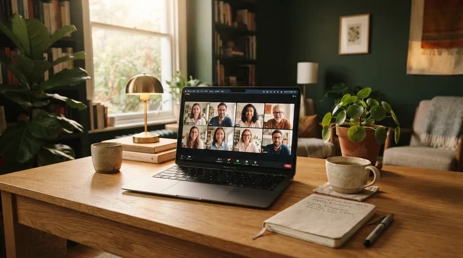 A laptop on a warm wooden desk showing a video circle of eight smiling people, with a lamp, a plant, and a cup of tea nearby