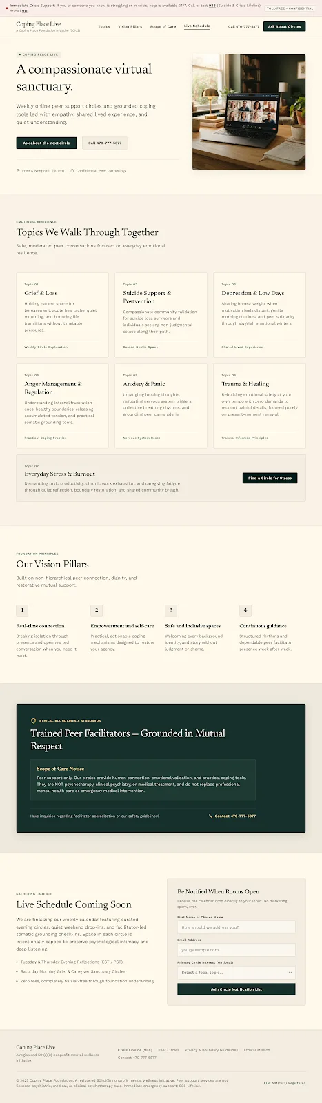 Second early design preview of the Coping Place Live home page