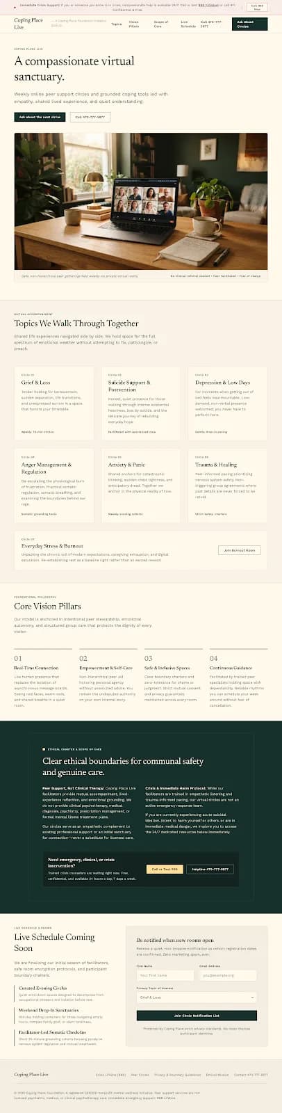 Early design preview of the Coping Place Live home page with a coming soon message