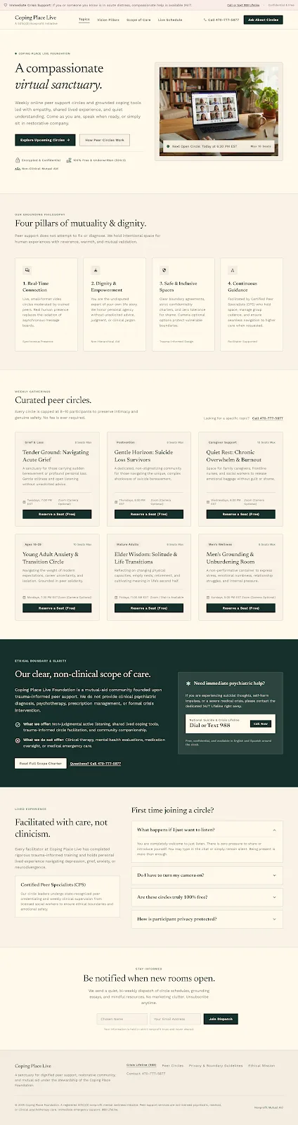 Early design preview of the Coping Place Live home page